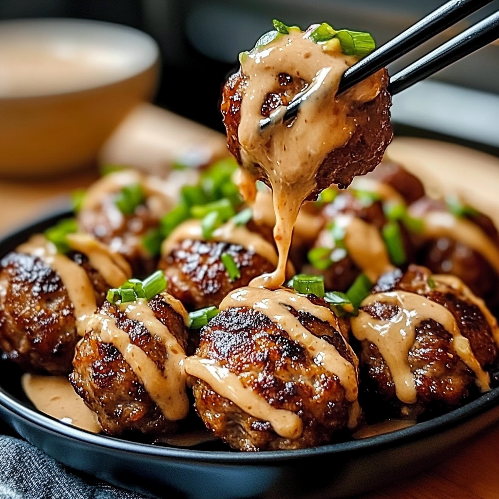 Korean BBQ Meatballs with Spicy Mayo Dip