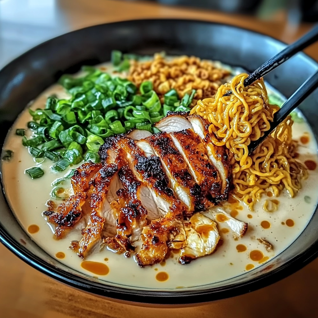 Spicy Fiery Chicken Ramen with Creamy Garlic Sauce